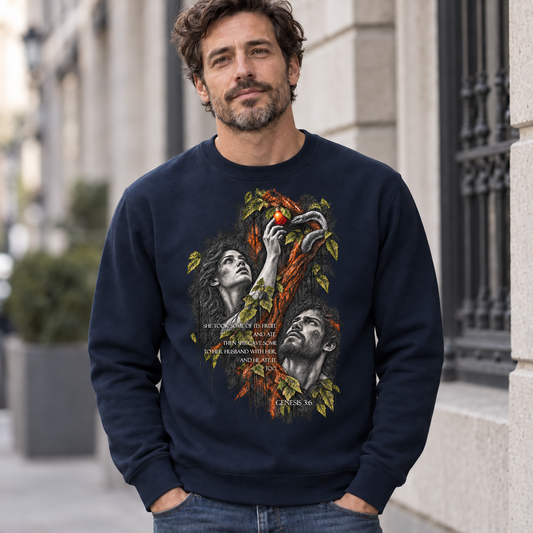 ADAM & EVA – Die Entscheidung im Garten | Unisex Bio-Pullover · Genesis 3:6