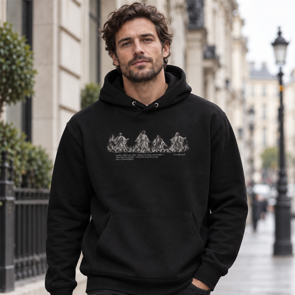 DER VIERTE IM FEUER – Unisex Bio-Hoodie mit Front- und Rückendruck | Daniel 3:25