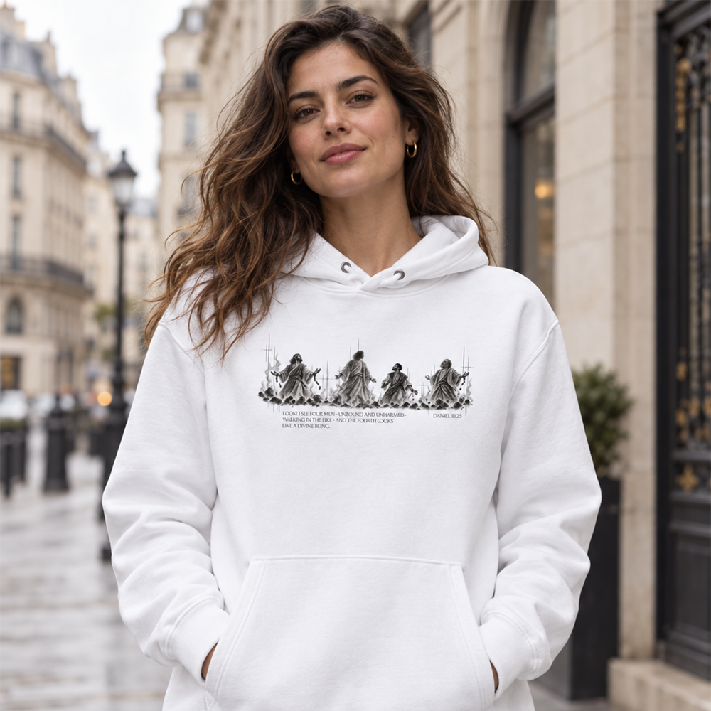 DER VIERTE IM FEUER – Unisex Bio-Hoodie mit Front- und Rückendruck | Daniel 3:25