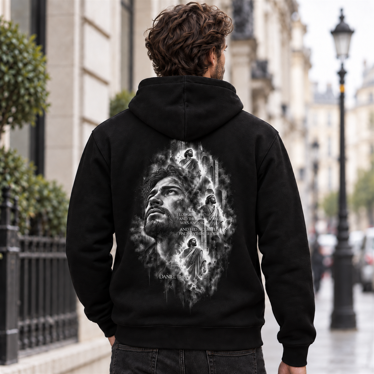DER VIERTE IM FEUER – Unisex Bio-Hoodie mit Front- und Rückendruck | Daniel 3:25