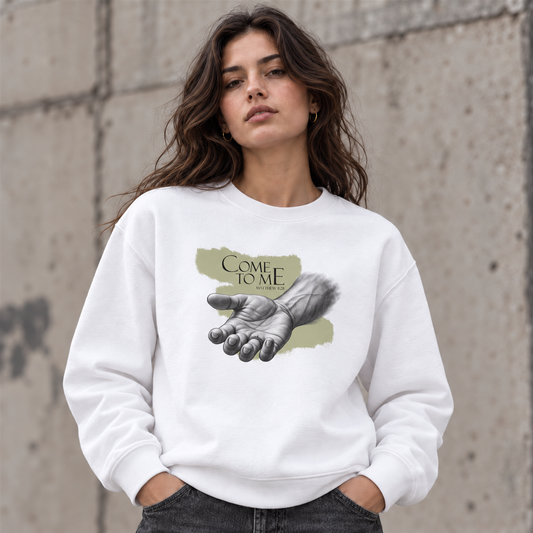 Come to Me – Unisex Bio-Pullover mit Handmotiv | Matthäus 11,28