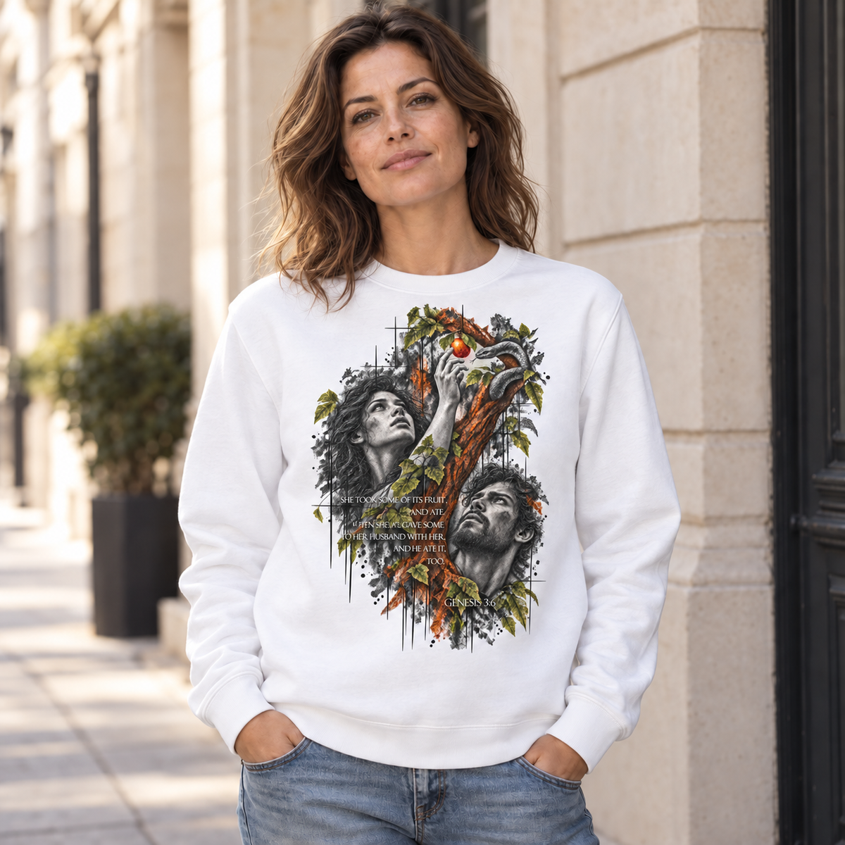 ADAM & EVA – Die Entscheidung im Garten | Unisex Bio-Pullover · Genesis 3:6